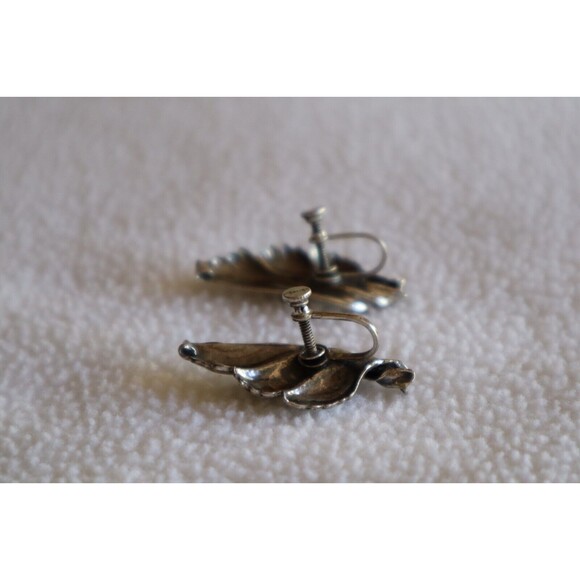 Vintage Sterling Silver Leaf Flower Petal Swirl Screw Back Earrings 1.25" - Picture 6 of 10